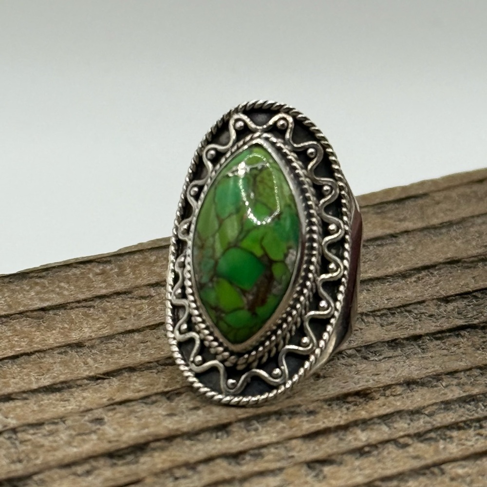 925 Sterling Silver Green Spiderweb Turquoise Gemstone Ring Size 7.5